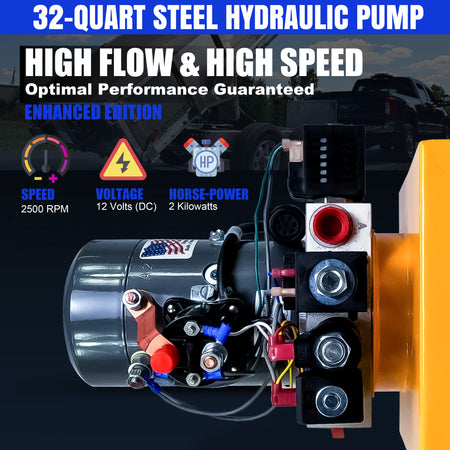 Close-up of the KTI 12Vdc Single/Double Hydraulic Power Unit, featuring detailed components like screws, gauges, and warning symbols, highlighting its robust and versatile design for hydraulic applications.