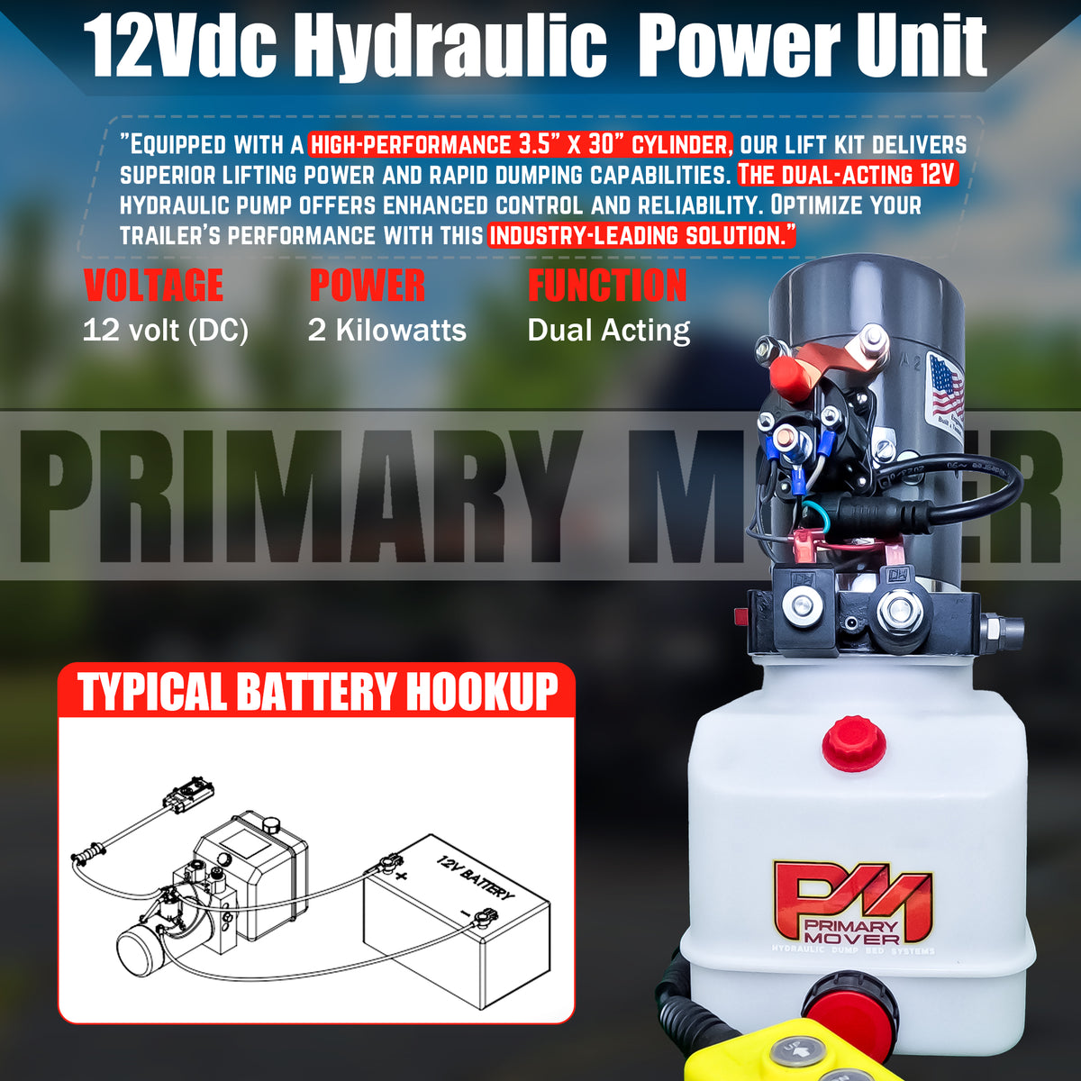 Dual 3.5 x 30 Cylinders Direct Push Lift Kit | PFK-3530-2DP featuring a white container with red knobs, yellow hose, and hydraulic components for superior lifting performance.