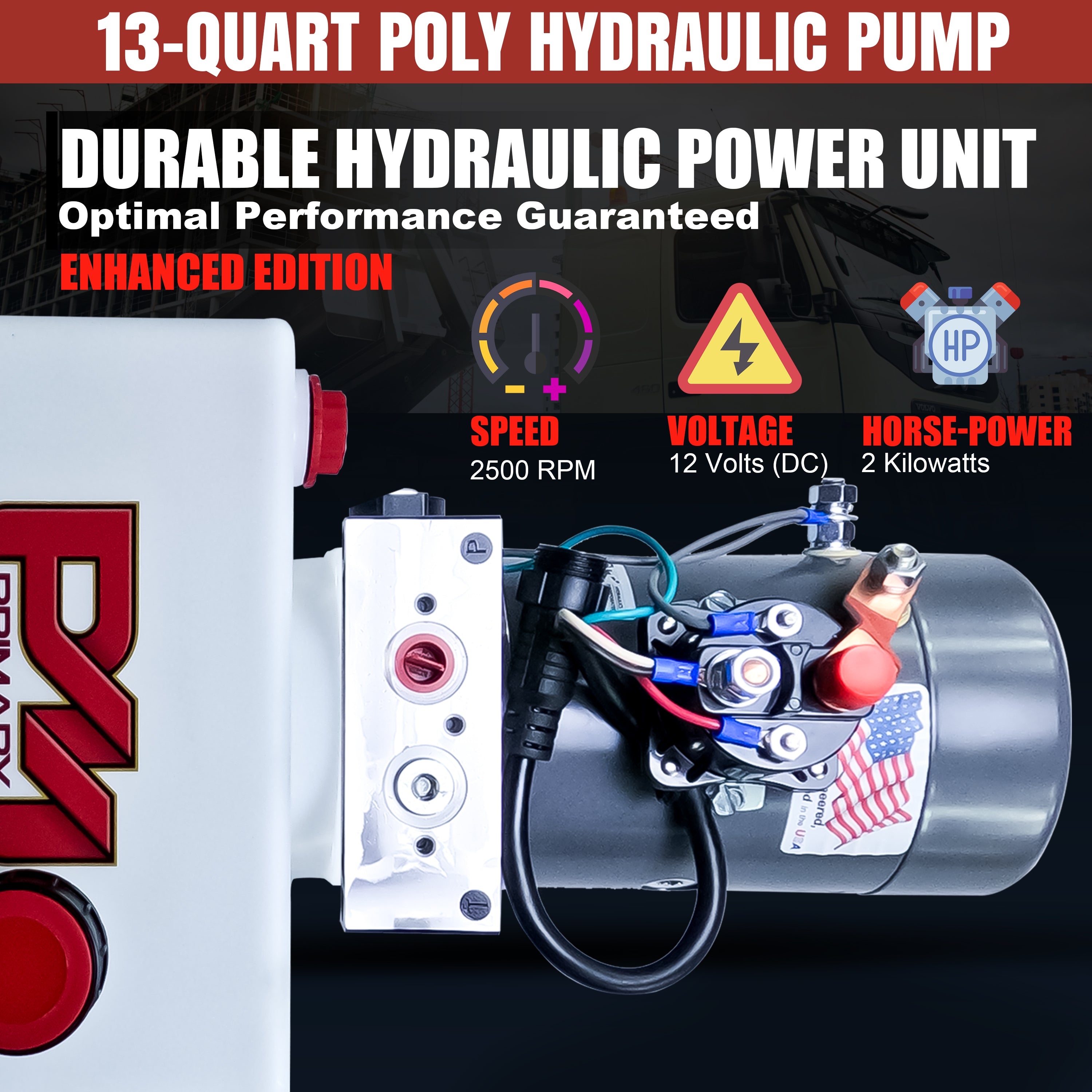 KTI 12V Single-Acting Hydraulic Pump - Poly Reservoir, featuring a compact and durable design, optimized for hydraulic dump bed systems, with visible control gauges and safety signage.