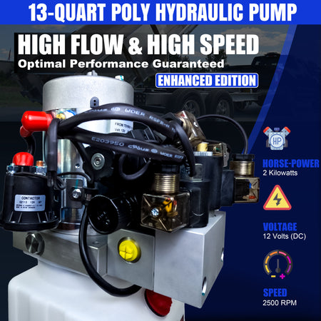 Primary Mover 12Vdc Single Double Pump featuring black wires, red buttons, and a robust design for versatile hydraulic applications.