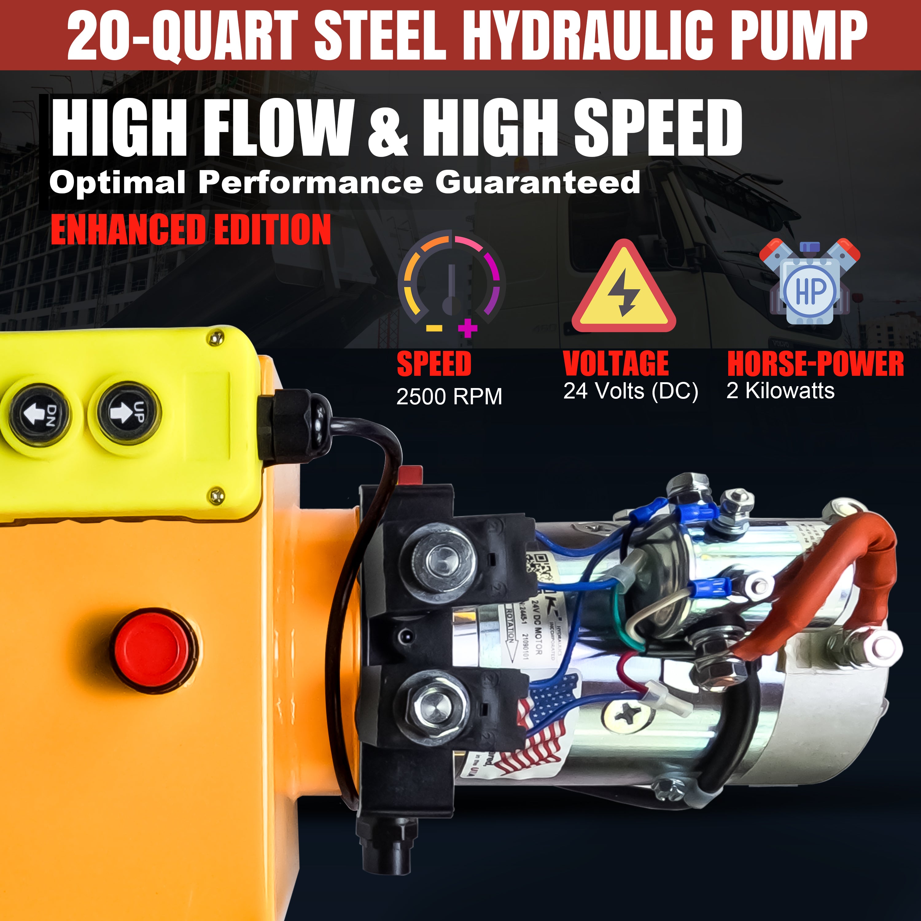 KTI 24Vdc Double Acting Hydraulic Power Unit (Steel Reservoirs) close-up, highlighting the red button on a yellow box and safety warning symbol.