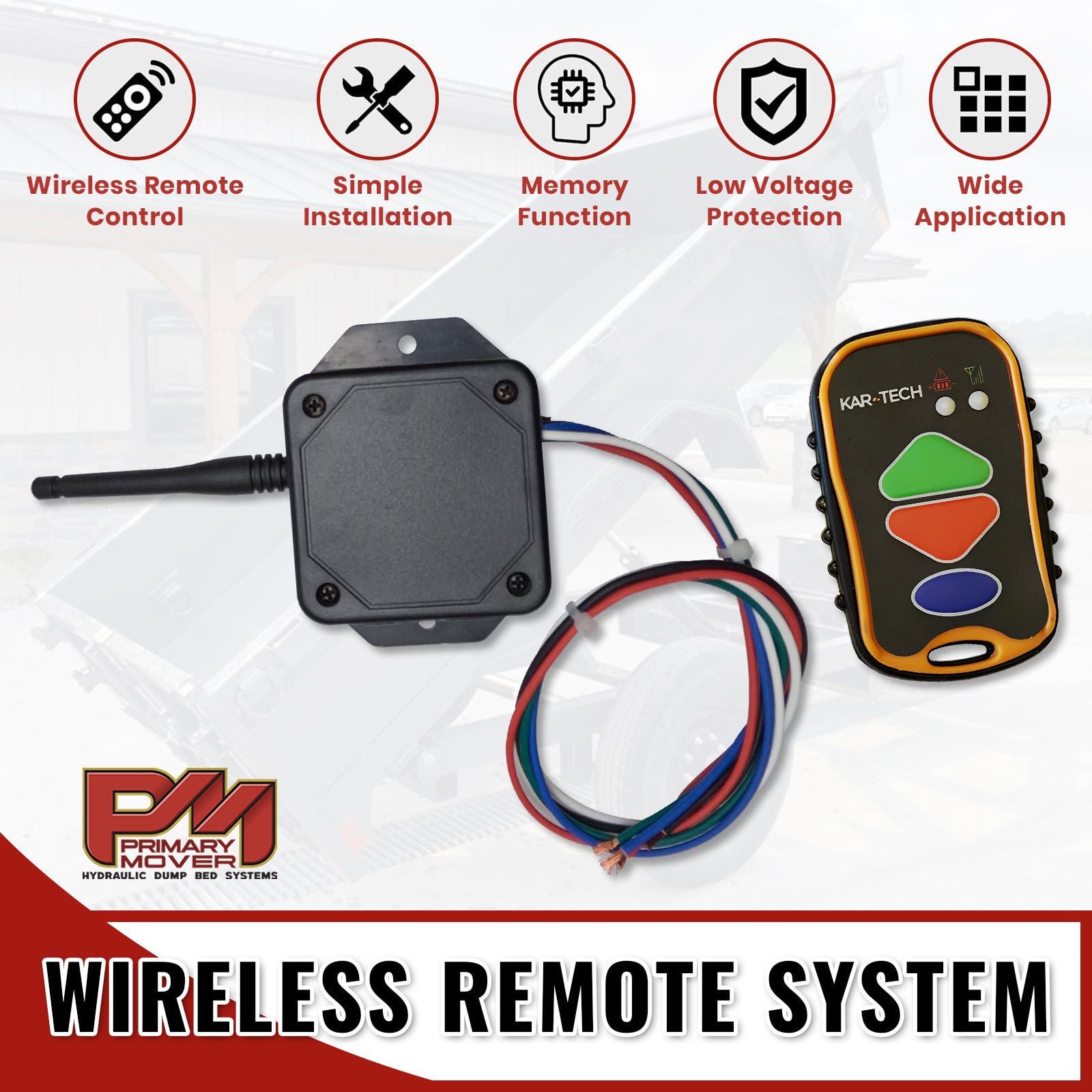 Kar-Tech Wireless Remote System with buttons, wires, and logos, designed for controlling hydraulic pumps from up to 300 feet away.