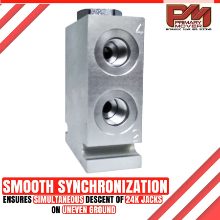 Hydraulic Pump Flow Divider: A silver, perforated, spool-type component ensuring synchronization and balance for dual-acting hydraulic cylinders with a logo featuring red letters.