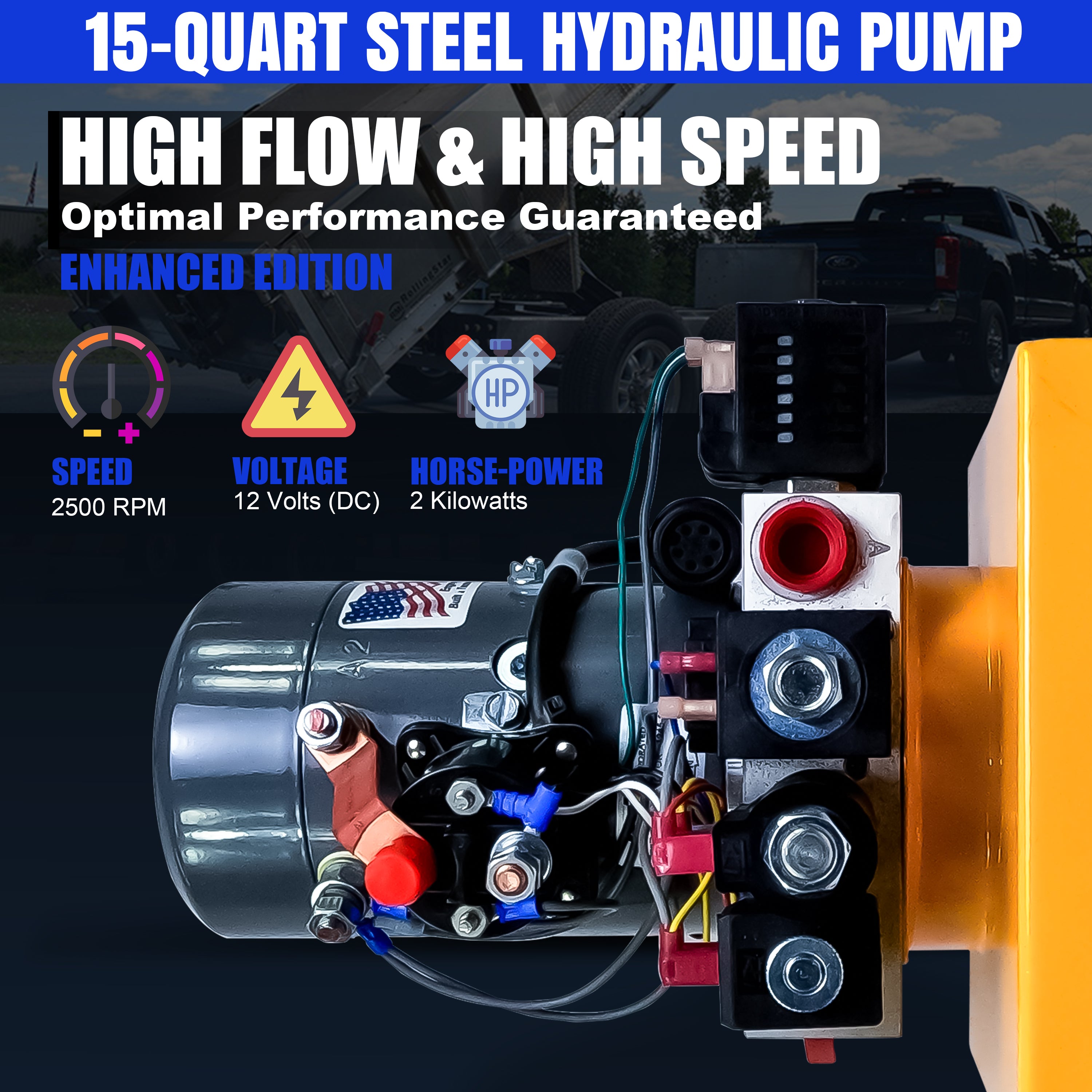 KTI 12Vdc Single/Double Hydraulic Power Unit close-up showing screws, a yellow warning triangle, a red tube, and detailed mechanical components.