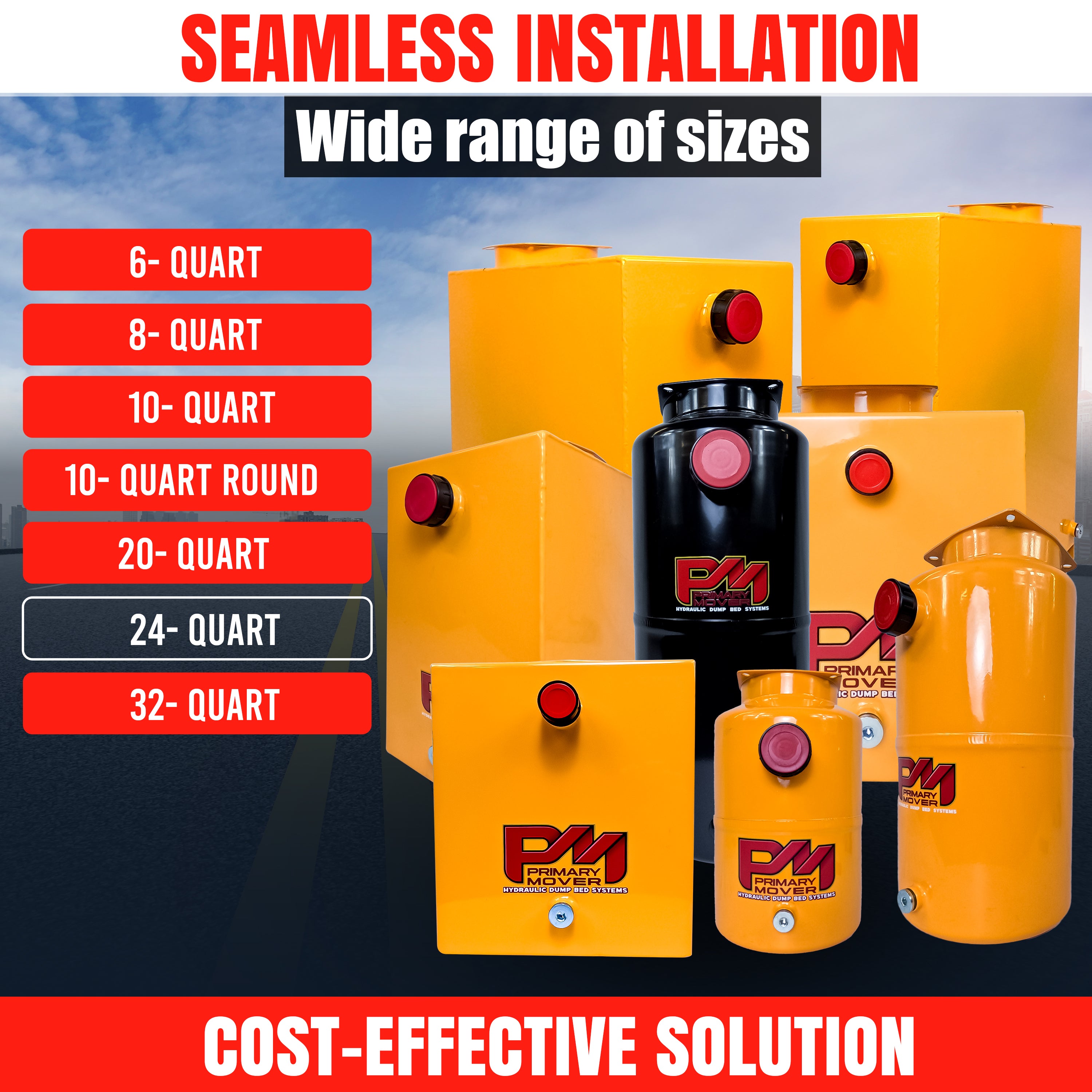 Hydraulic Power Unit Replacement Reservoir 24 Quart Steel, shown with yellow containers and red buttons, includes plug and breather caps, suitable for various hydraulic systems.