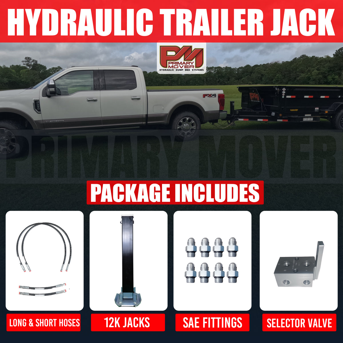 12k Single Hydraulic Trailer Jack Add-On Kit Weld On or Bolt On attached to a white truck, showcasing the robust hydraulic system and load holding valve.