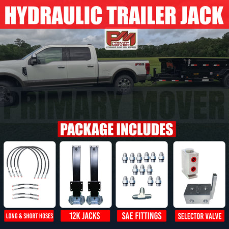 24k Double Hydraulic Trailer Jack Add-On Kit Weld On or Bolt On with hydraulic hoses, load holding valve, and zinc-plated components attached to a white truck with a trailer.