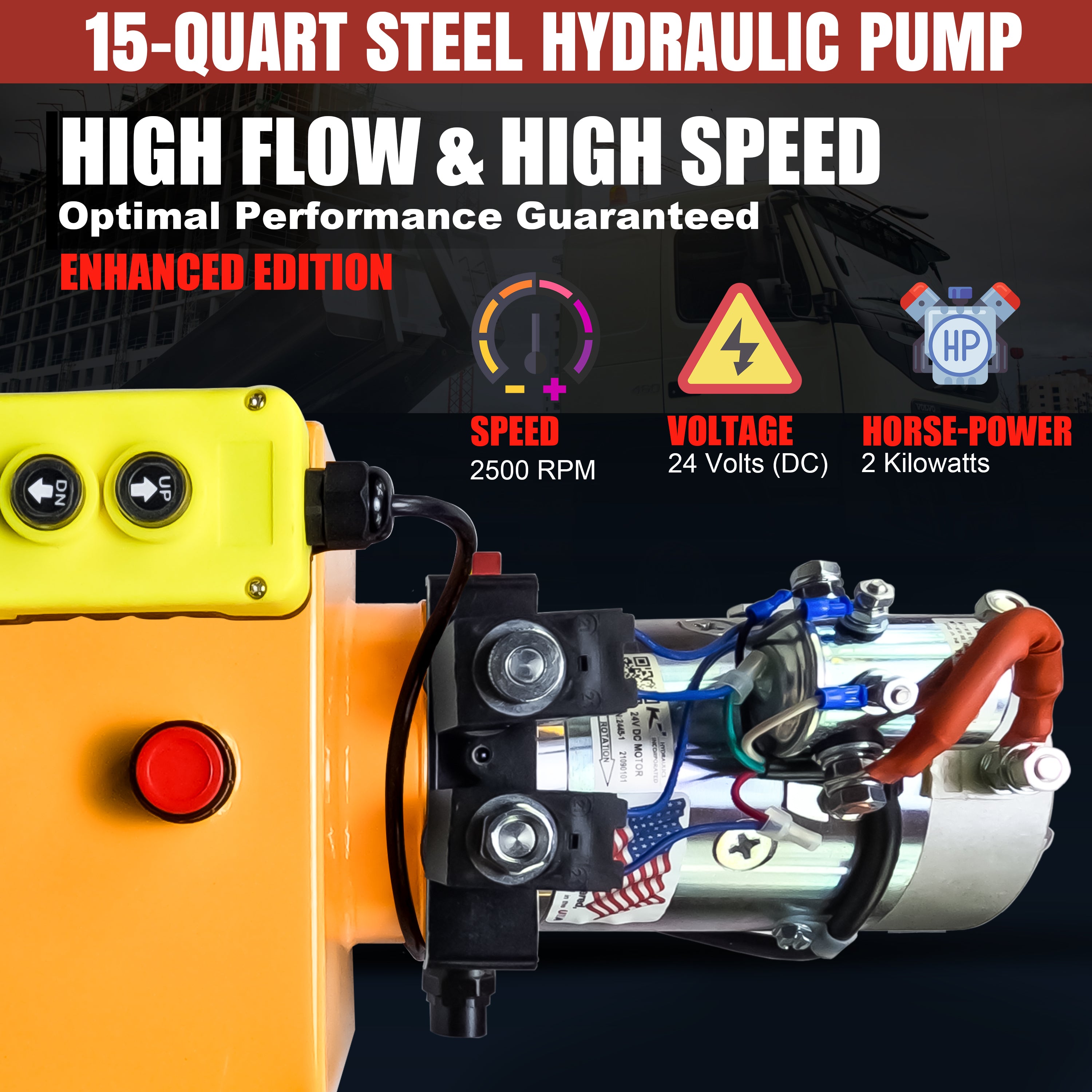 Close-up of the KTI 24Vdc Double Acting Hydraulic Power Unit (Steel Reservoirs) featuring a red button, yellow controls, and a safety warning triangle.