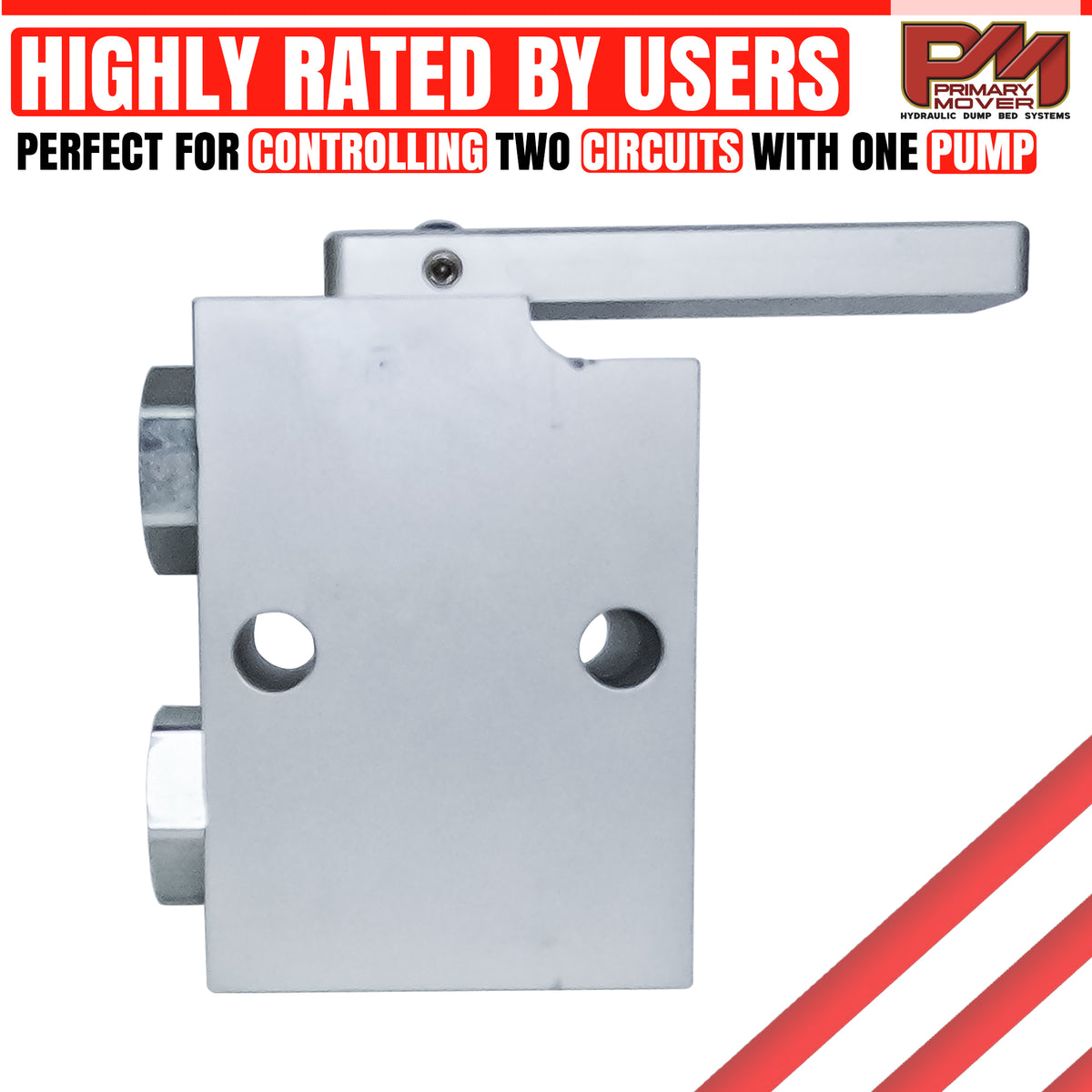 Hydraulic Manual Selector Ball Valve with multiple holes, designed to convert a single-circuit hydraulic pump into a dual-circuit system using 3/8 SAE female ports.