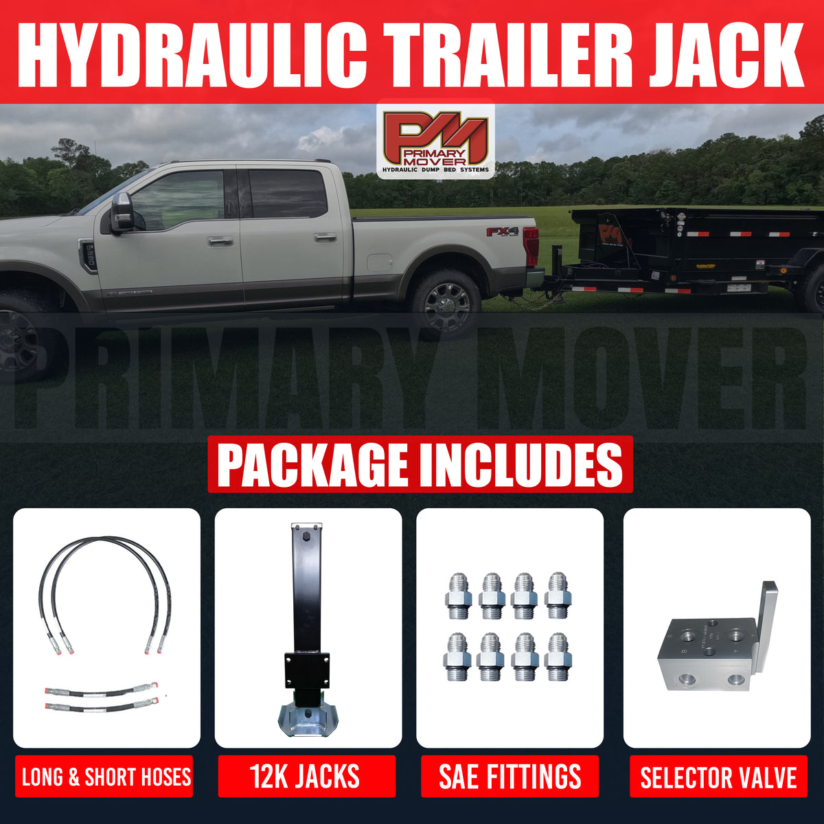 12k Single Hydraulic Trailer Jack Add-On Kit Weld On or Bolt On attached to a white truck with a trailer, showcasing its robust design and hydraulic system.