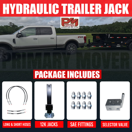 12k Single Hydraulic Trailer Jack Add-On Kit Weld On or Bolt On attached to a white truck with a trailer, showcasing its robust design and hydraulic system.