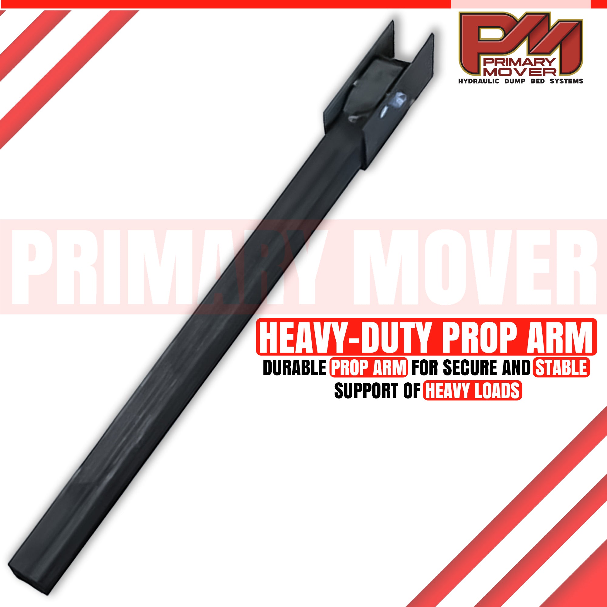 Safety Prop Arm Kit for Dump Bed System, showing black, non-powder coated components including a prop arm, arm holder, and cut piece for welding installation.