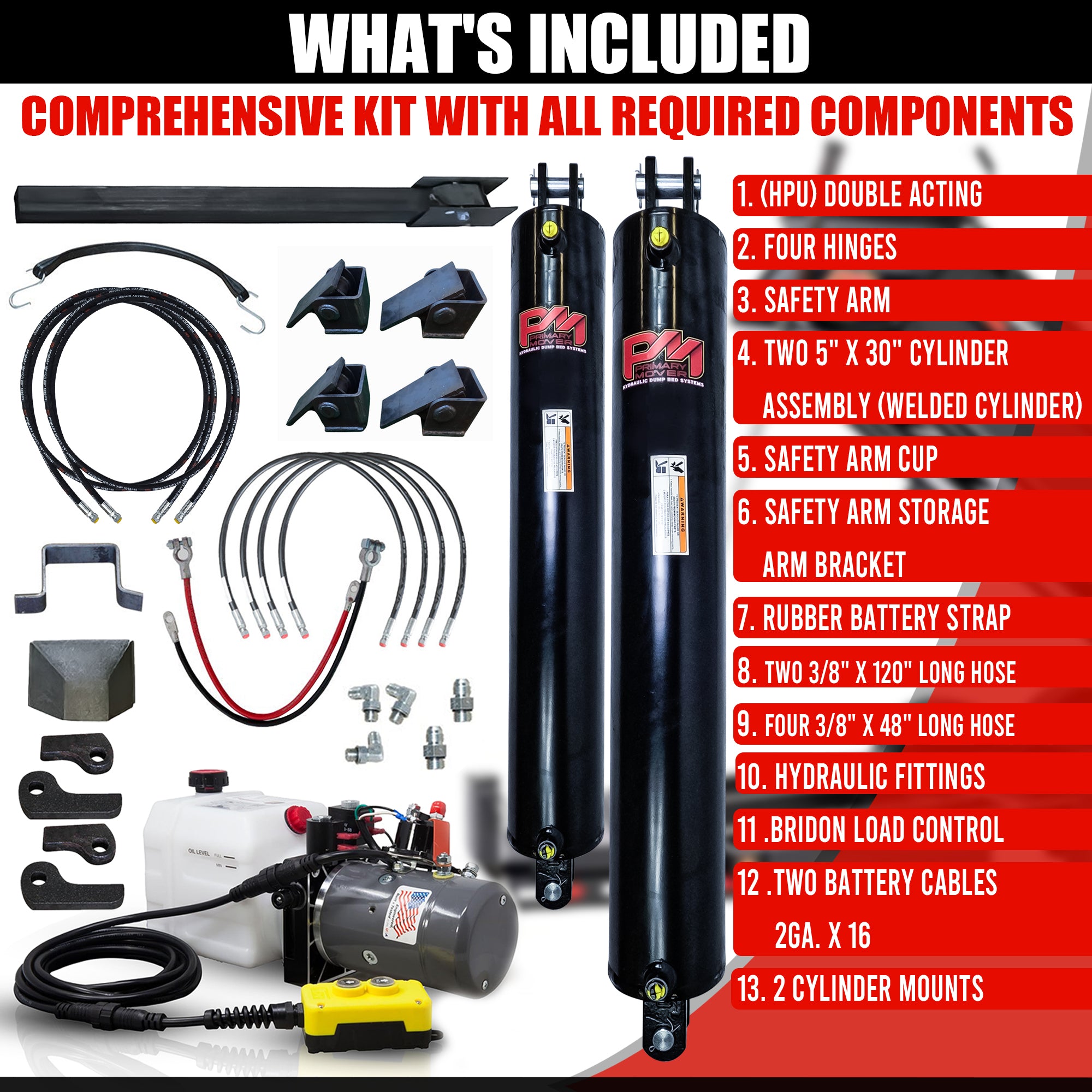 Dual 5 x 30 Cylinders Direct Push Lift Kit with black cylinders, white tank, and hoses, designed for efficient heavy material handling and installation.