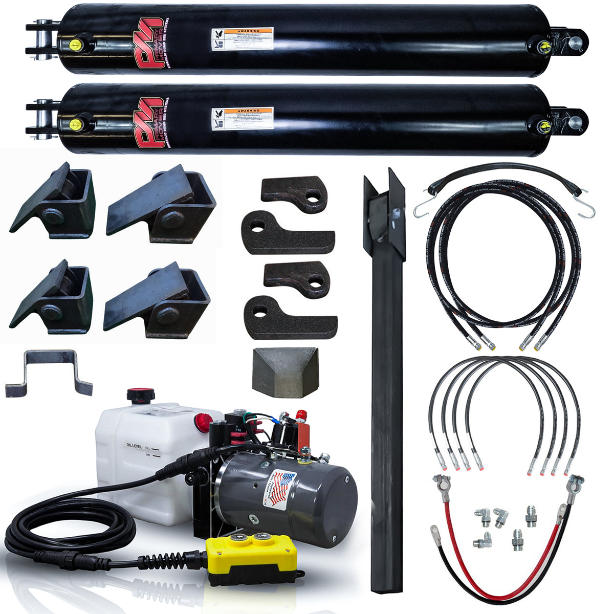 Dual 5 x 30 Cylinders Direct Push Lift Kit | PFK-530-DP2 featuring machine parts, cables, and dual black tubes with warning labels for powerful lifting.