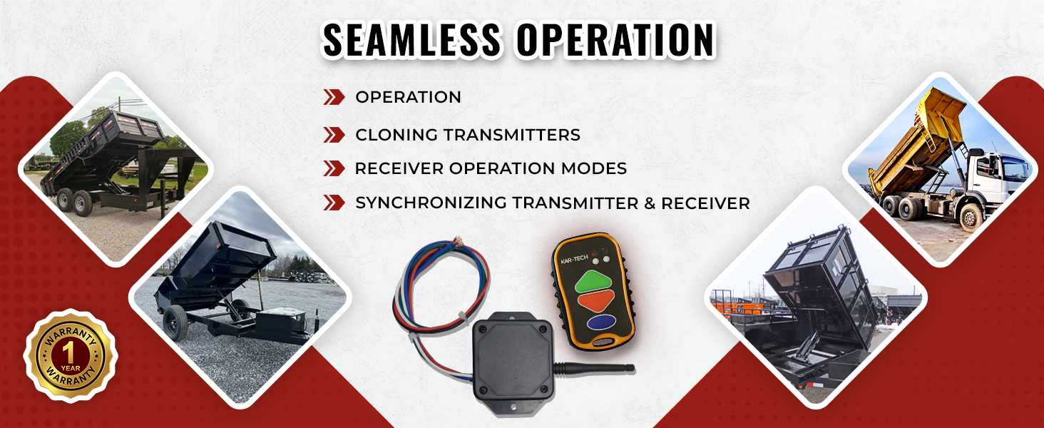 Kar-Tech Wireless Remote System close-up, featuring buttons for controlling hydraulic pumps from up to 300 feet away, ensuring minimal interference with ID-coded transmission.