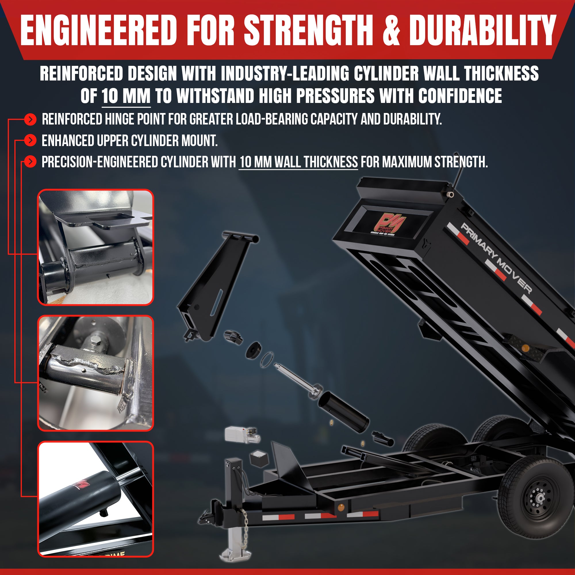 12 Ton Hydraulic Scissor Hoist Kit PF-621-6, featuring a robust black trailer with a visible 6.5 diameter cylinder and a tire, ideal for 16-20' dump bodies.