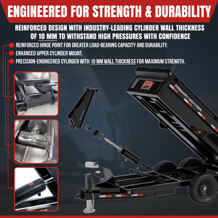 12 Ton Hydraulic Scissor Hoist Kit PF-621-6, featuring a robust black trailer with a visible 6.5 diameter cylinder and a tire, ideal for 16-20' dump bodies.