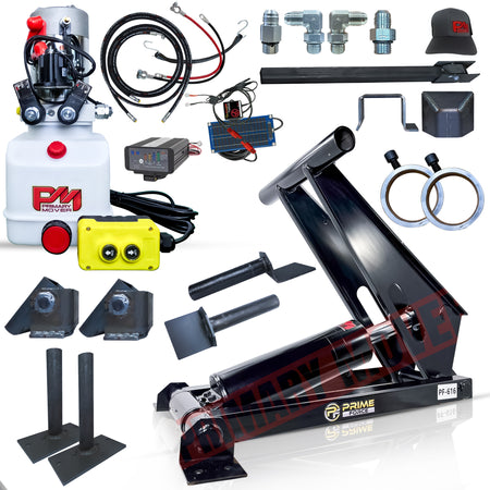 Collage featuring components of the 11 Ton Hydraulic Scissor Hoist Kit PF-616-6, including machinery parts, metal rings, and cables, designed for 12-16' dump trailers.