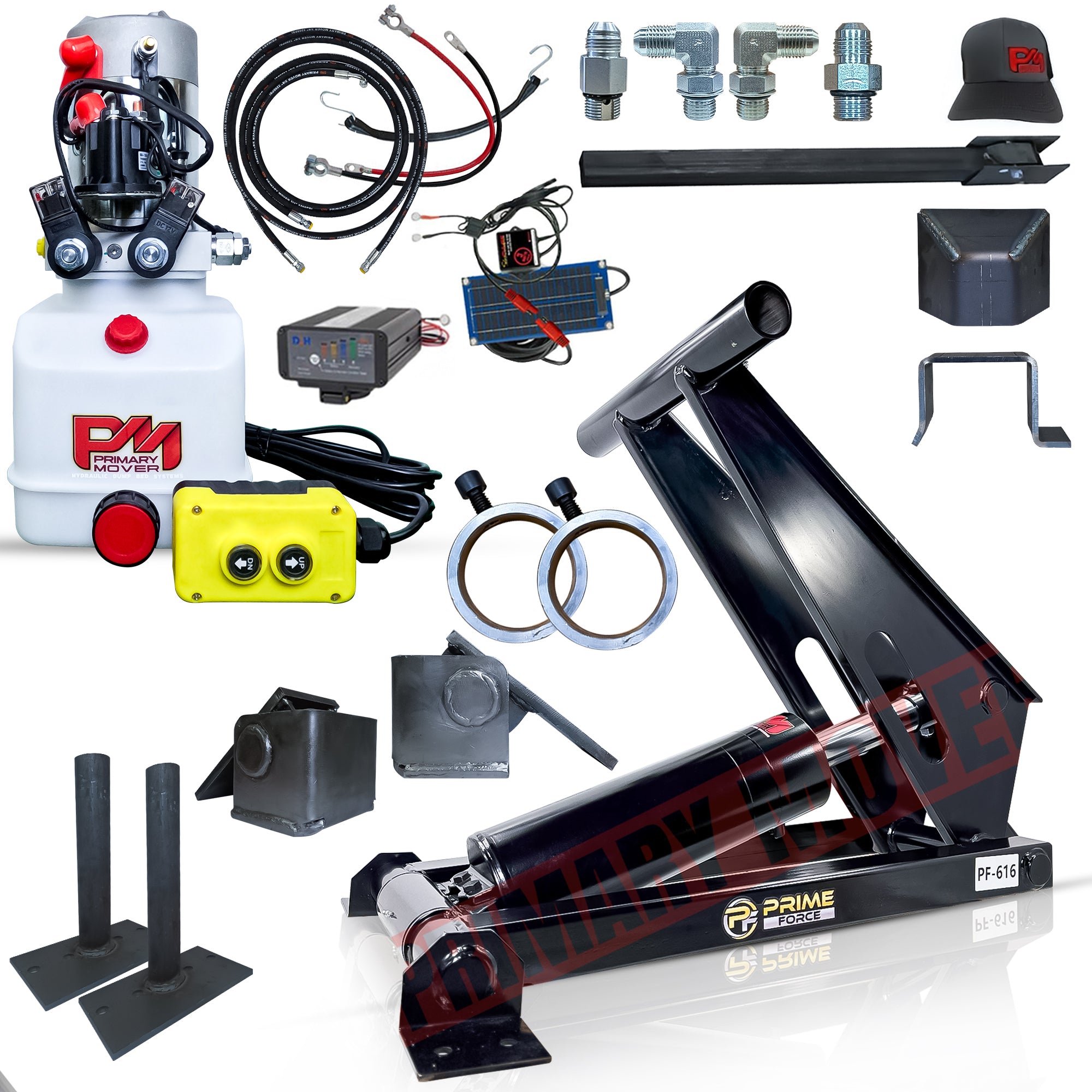 11 Ton Hydraulic Scissor Hoist Kit for 12-16' Dump Body PF-616-6, featuring durable cylinder design, HD hinges, and integrated mounts for stable, high-capacity lifting.