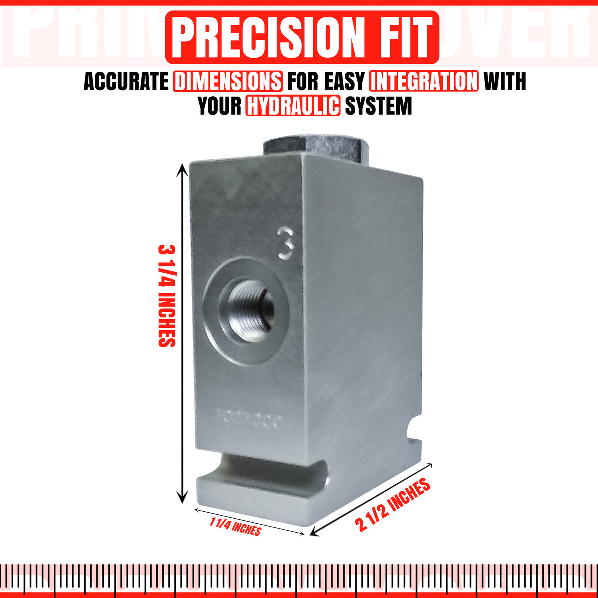 Hydraulic Pump Flow Divider: Close-up of a metal block with a visible screw, designed for high-pressure applications, featuring hardened parts and synchronized flow division and combination.