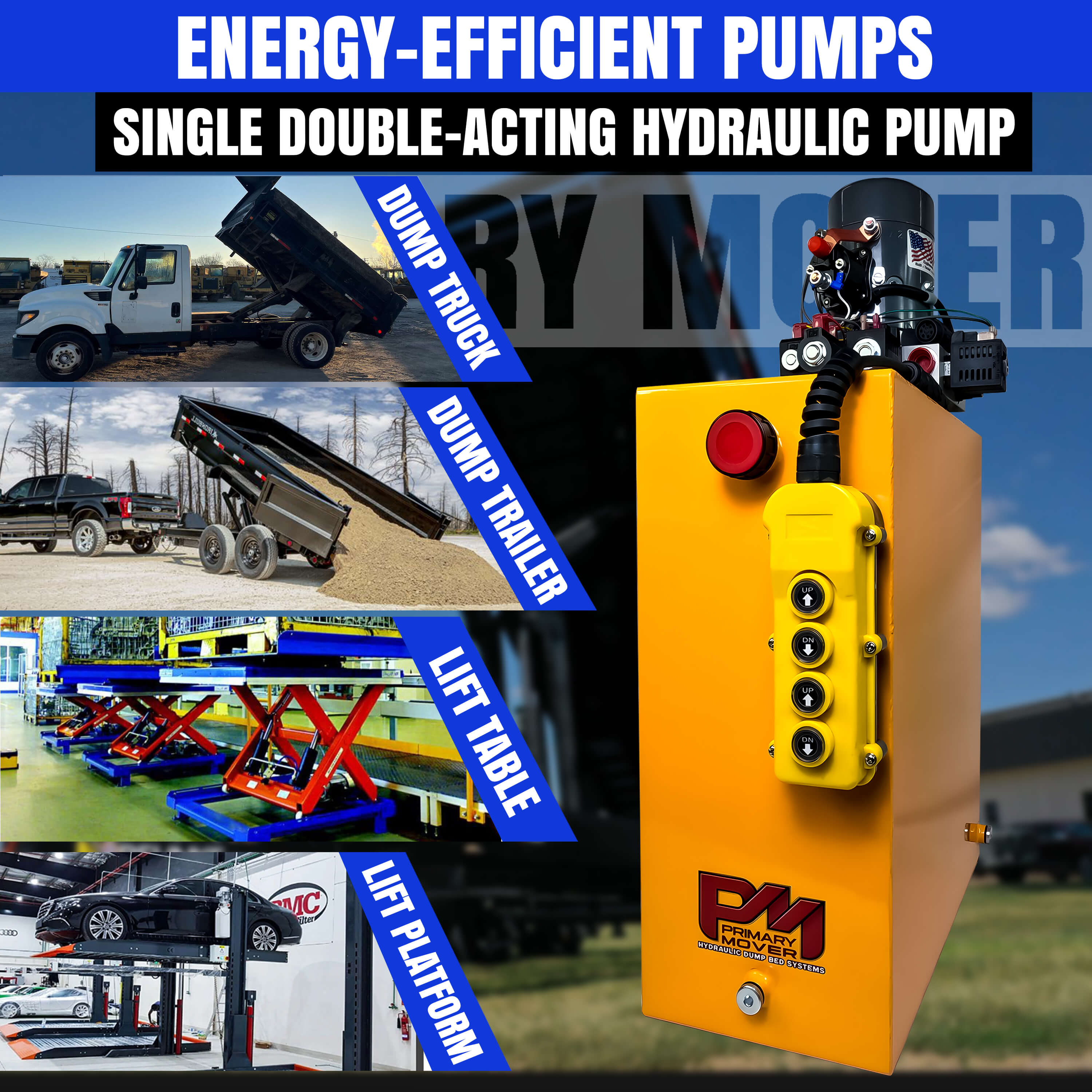 KTI 12vdc Single/Double Hydraulic Power Unit, yellow machine with buttons and a blue ribbon, designed for versatile hydraulic applications including dump trailers.