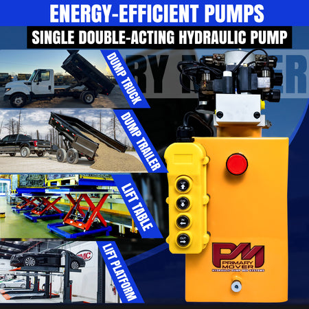 Primary Mover 12Vdc Single Double Pump with red control button, showcasing versatile hydraulic functions and robust construction for efficient performance and easy integration.