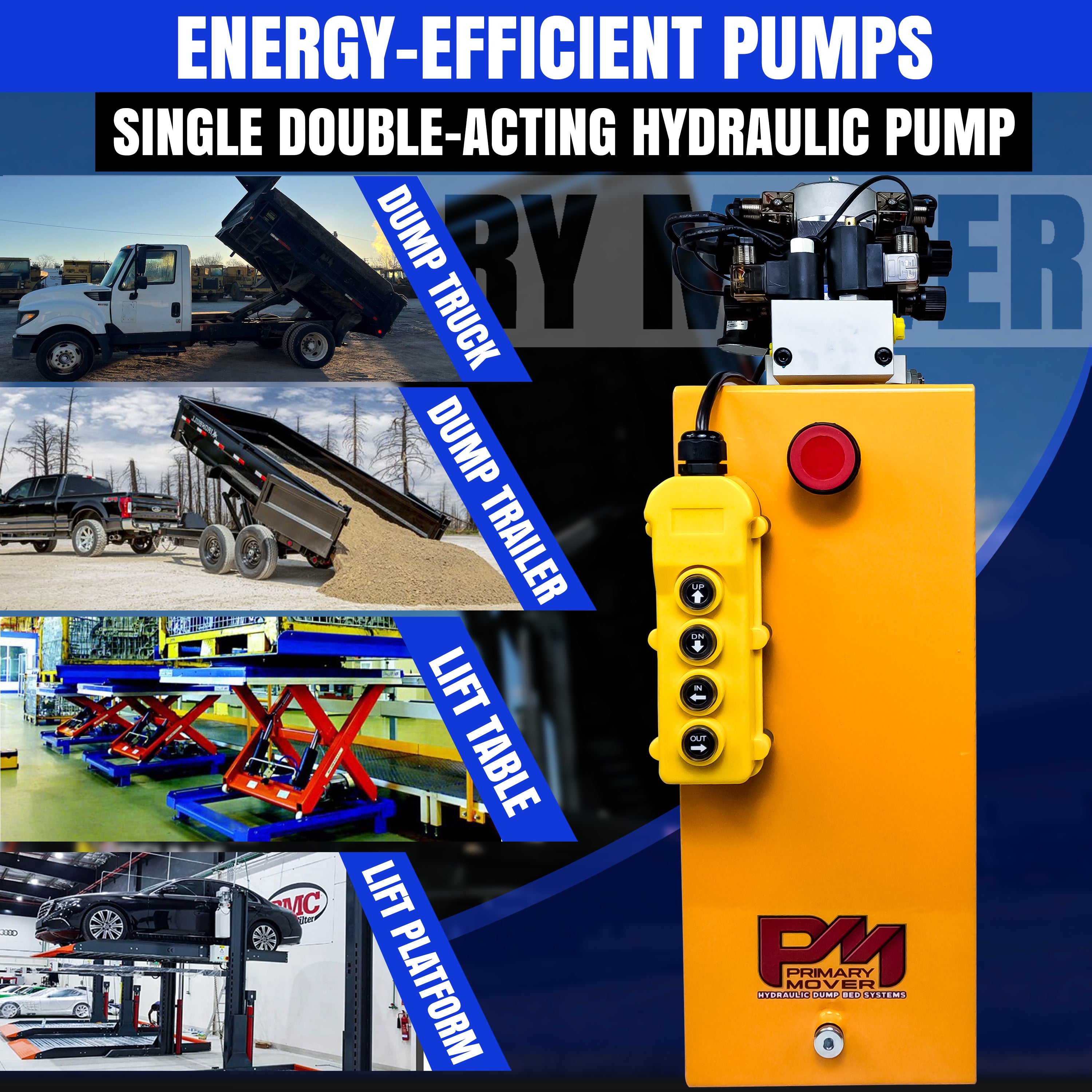 Primary Mover 12Vdc Single Double Pump featuring a yellow hydraulic machine with buttons, designed for both single-acting and dual-acting cylinder applications.