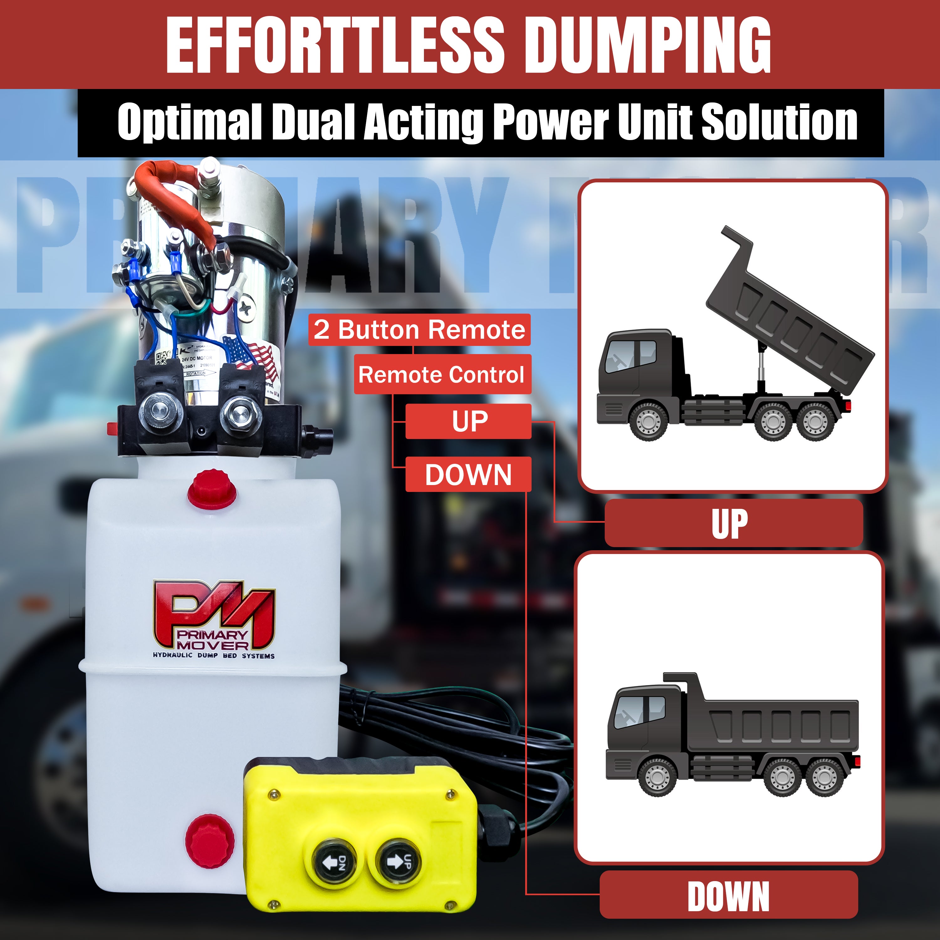 KTI 24Vdc Double Acting Hydraulic Power Unit with poly reservoirs, suitable for dump trucks and trailers, featuring a compact, durable design and powerful motor for heavy-duty applications.