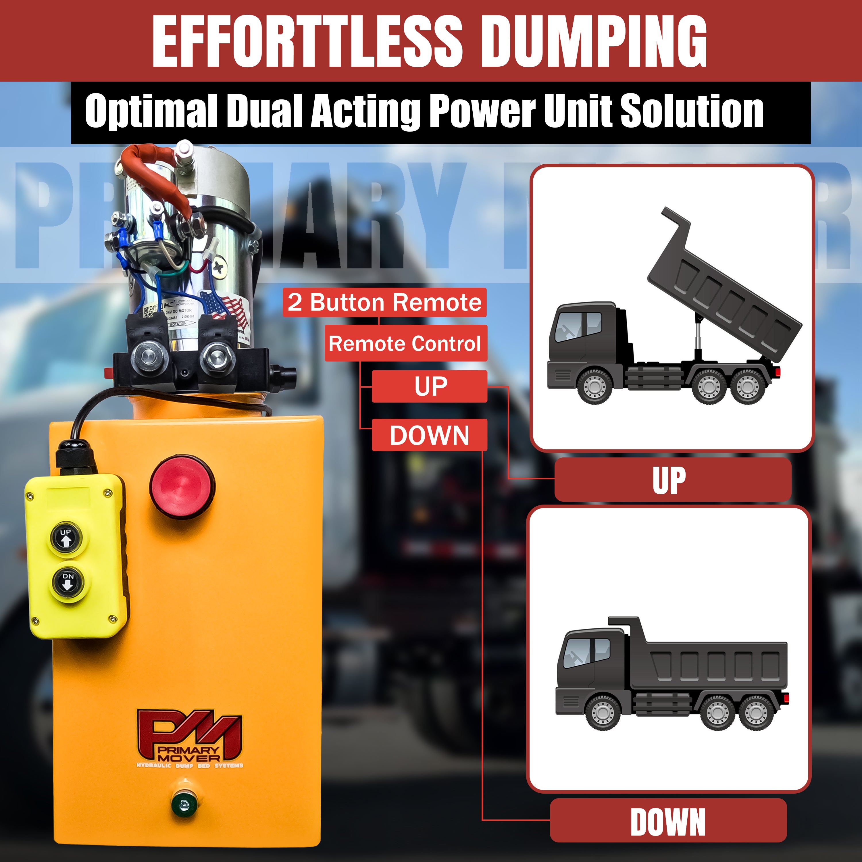 KTI 24Vdc Double Acting Hydraulic Power Unit with Steel Reservoirs shown with its remote control and detailed components setup.