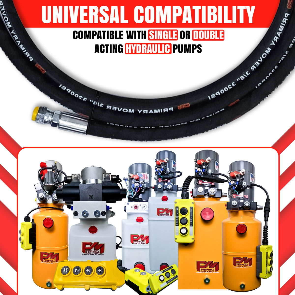 Double Acting Pump 3/8 Hose Kit featuring hydraulic pumps, hoses with various fittings, and replacement battery cables for hydraulic power units.