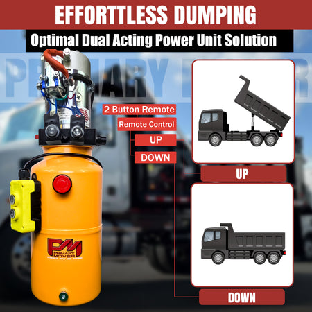 KTI 24Vdc Double Acting Hydraulic Power Unit with Steel Reservoirs, featuring a large body and integrated dump truck mechanism, designed for robust hydraulic applications.