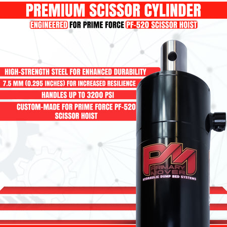 Prime Force 520 Replacement Cylinder, black with red text, 5.5 diameter, 20-inch stroke, designed for superior lifting performance in dump bed kits.