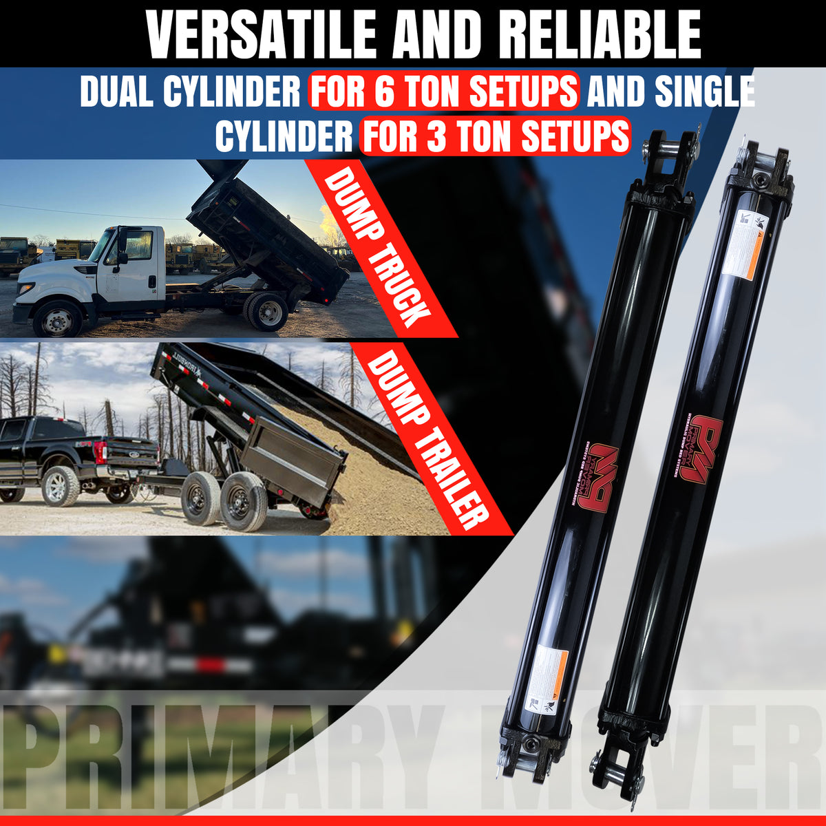 Dual 3.5 x 30 Cylinders Direct Push Lift Kit | PFK-3530-2DP: Collage showing trucks and components of the lift kit for superior trailer lifting performance.