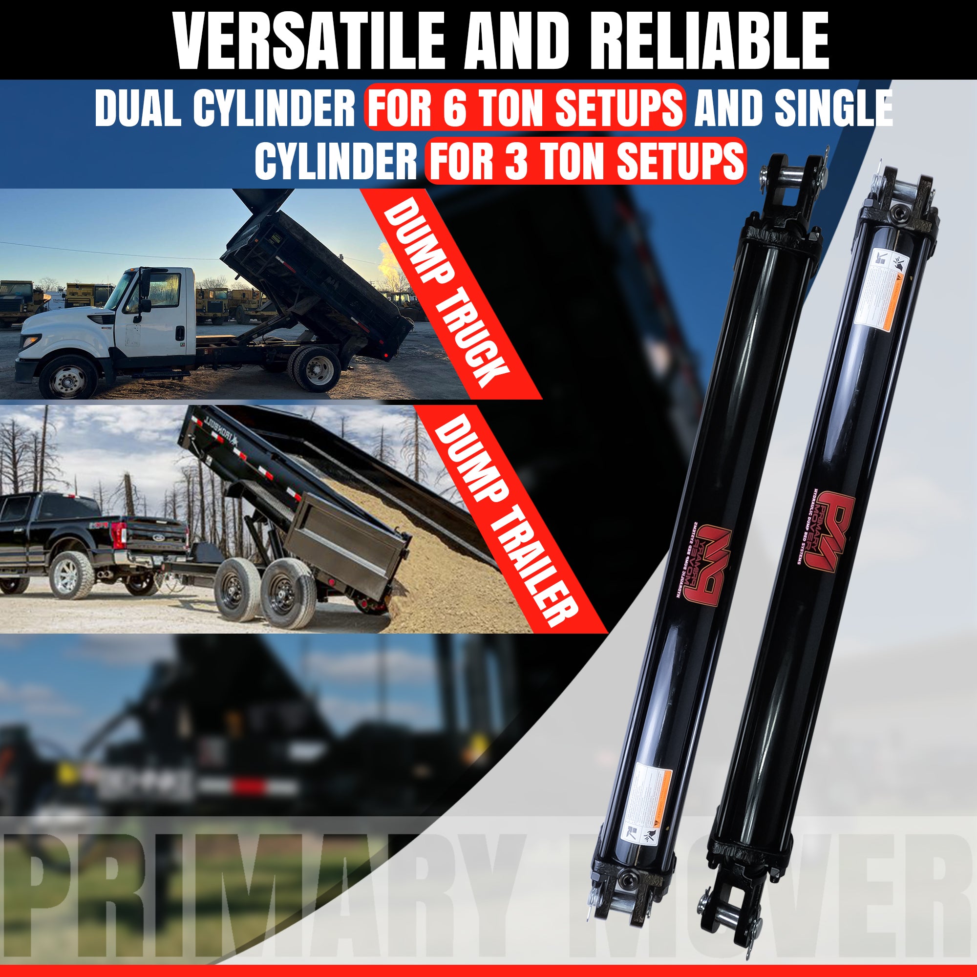 Dual 3.5 x 30 Cylinders Direct Push Lift Kit | PFK-3530-2DP: Collage showing trucks and components of the lift kit for superior trailer lifting performance.