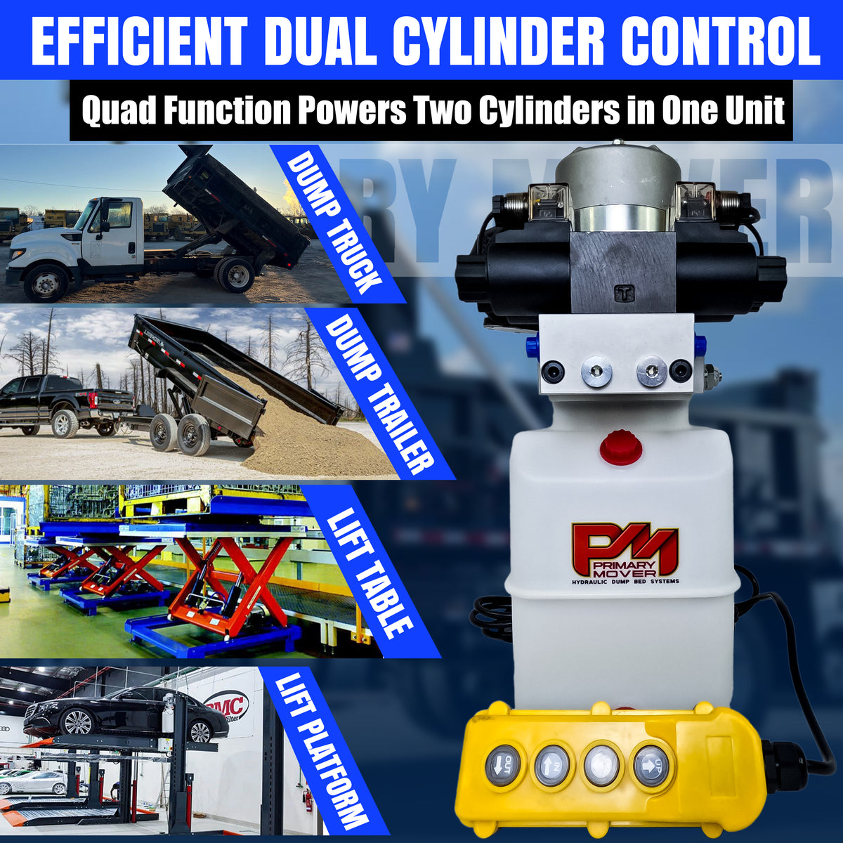 Primary Mover 12V Dual Double-Acting Hydraulic Power Unit for dump trailers and trucks, enabling four hydraulic actions simultaneously. Compact, high-performance, and user-friendly for versatile applications.