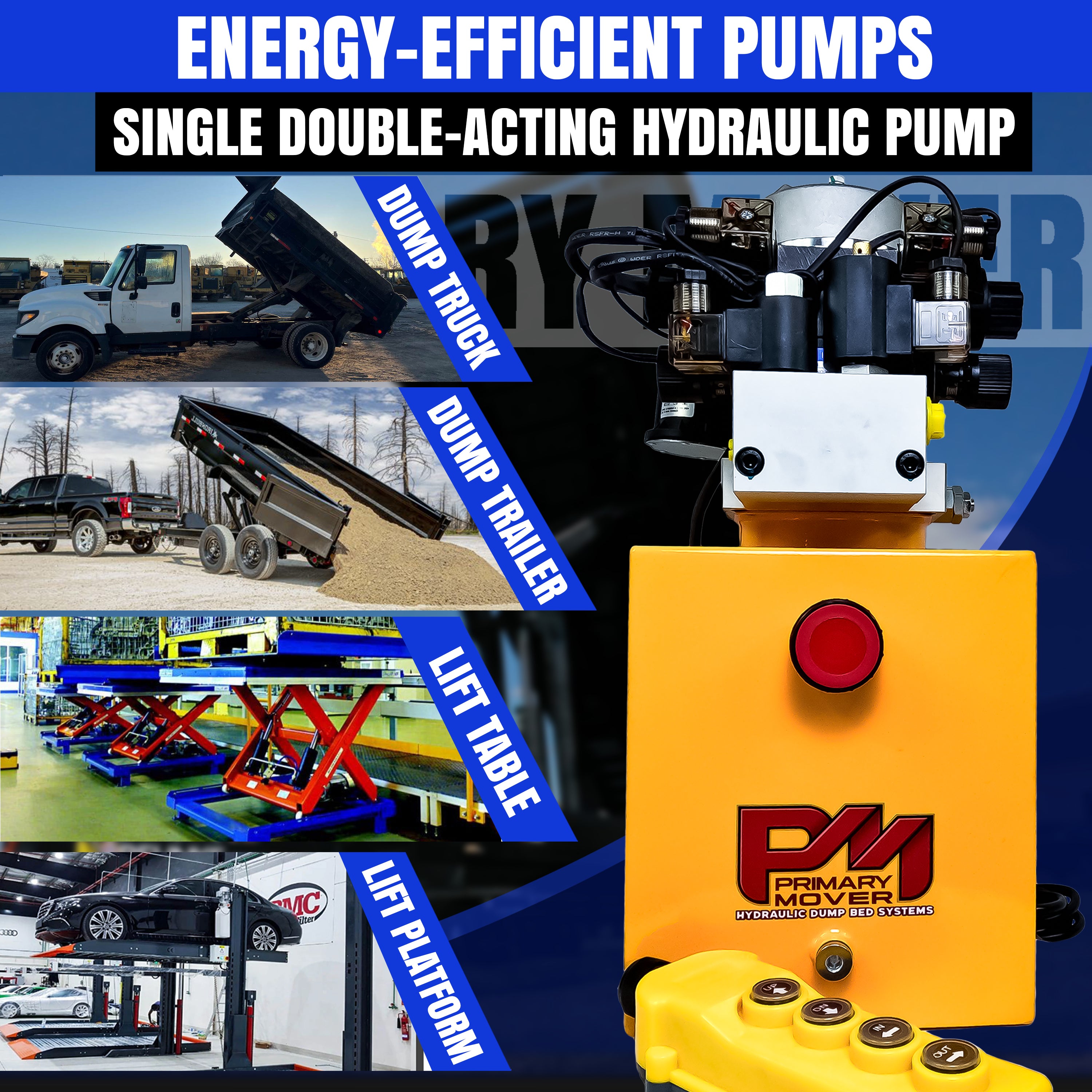 Primary Mover 12Vdc Single Double Pump featuring a yellow machine with a red button, designed for versatile hydraulic applications, ensuring efficient and reliable performance.