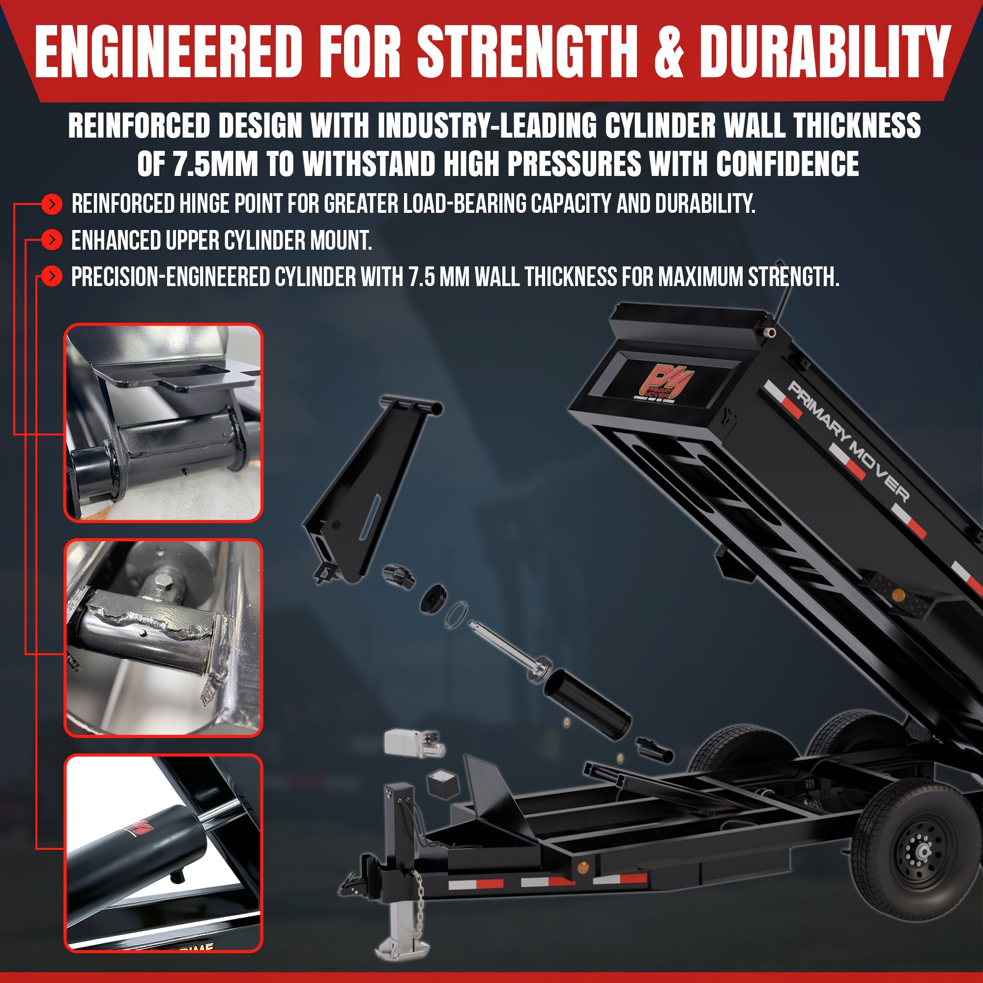 11 Ton Hydraulic Scissor Hoist Kit PF-616-6 for 12-16' dump trailers, featuring superior cylinder design, integrated stability, and enhanced lifting capacity, visible with trailer attachment.