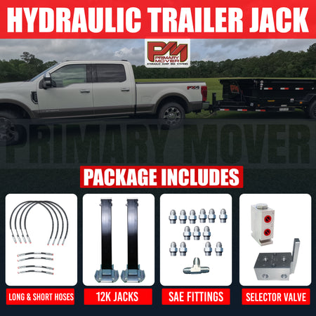 24k Double Hydraulic Trailer Jack Add-On Kit Weld On or Bolt On shown attached to a white truck trailer, featuring hydraulic hoses and fittings for easy installation.