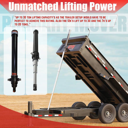 Telescopic Dump Trailer Cylinder Kit with 168 stroke for 20-24' dump bodies, featuring a telescopic cylinder, tires, and hydraulic components.