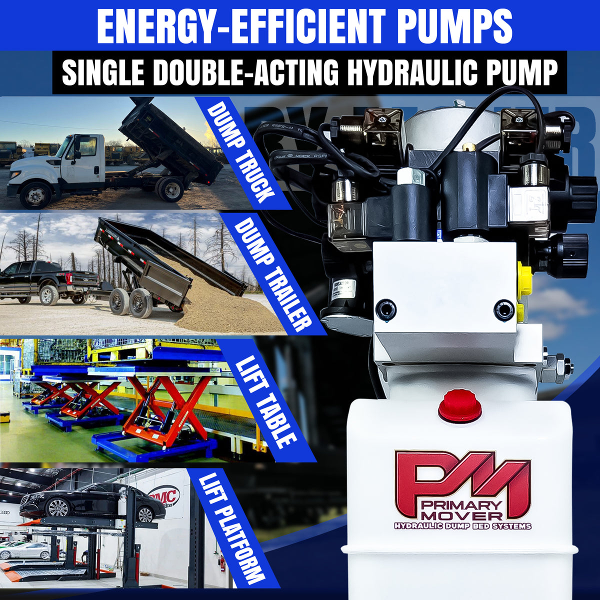 Primary Mover 12Vdc Single Double Pump featuring a white machine, red button, and black-blue text, designed for versatile hydraulic applications.