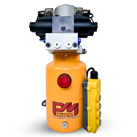 Compact and powerful Primary Mover 12V Dual Double-Acting Hydraulic Power Unit with quad power capability for dump trailers and trucks. Used for any truck or trailer application. 1/2 ton truck dump bed kit.