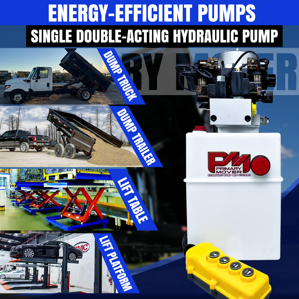 Primary Mover 12Vdc Single Double Pump showcased with versatile hydraulic functions, durable construction, and compatibility for single and dual-acting cylinders.