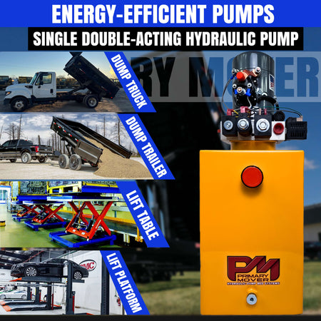 KTI 12vdc Single/Double Hydraulic Power Unit collage featuring the unit, a yellow box with red text, and close-ups of the machine's components.