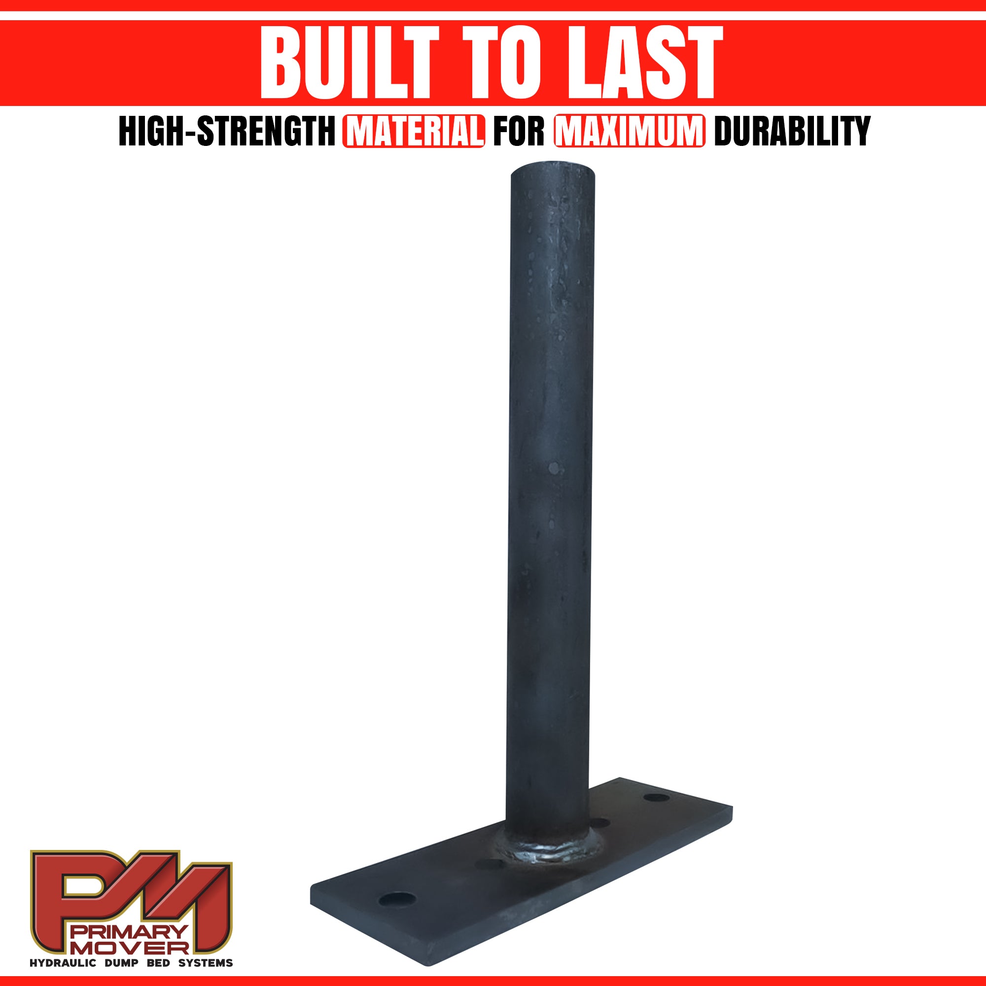 Hoist Hardware 300 Series Dump Bed Kit (Upper) Single Unit: Black metal pole with square base, essential for truck and trailer hydraulic systems.