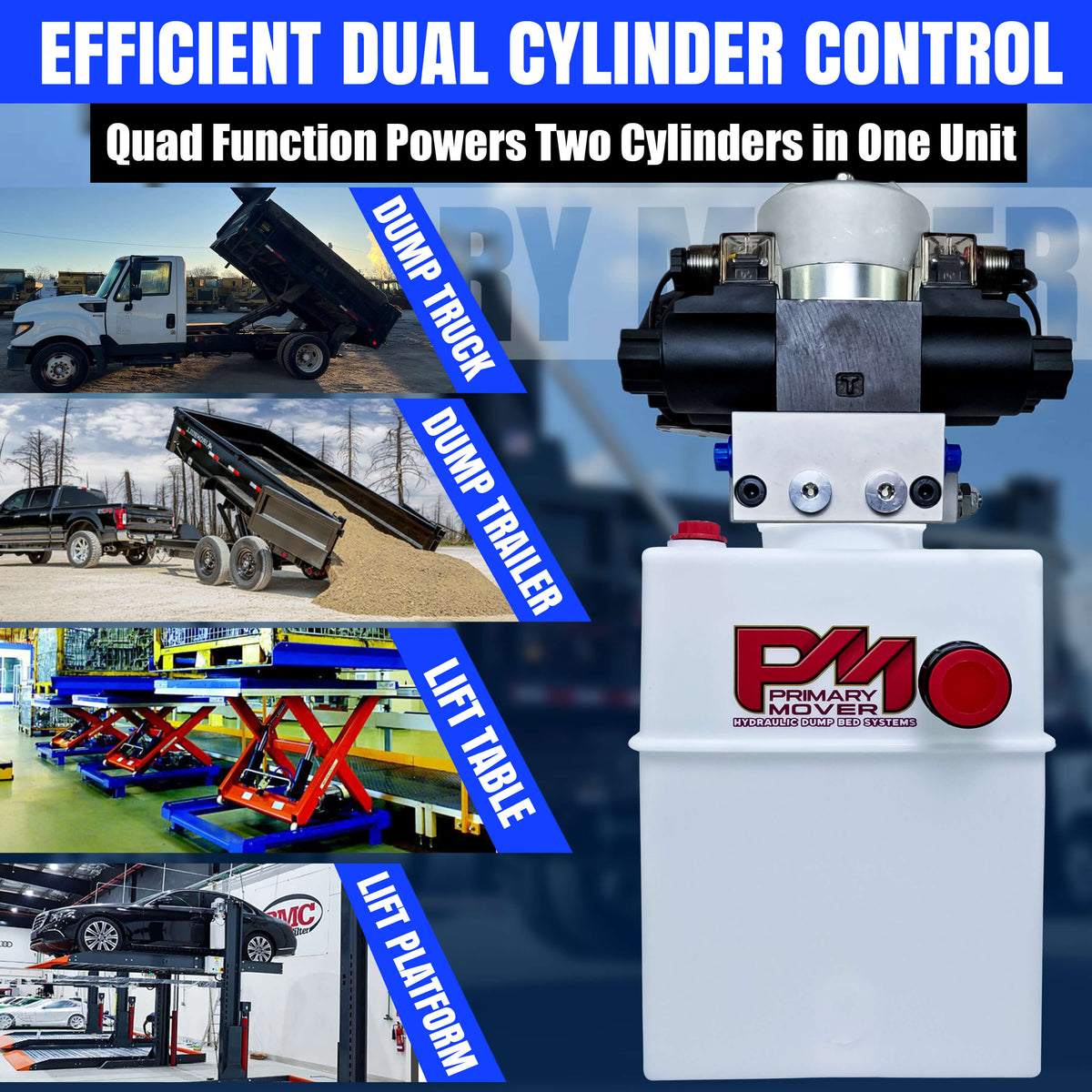 Primary Mover 12V Dual Double-Acting Hydraulic Dump Trailer Pump (Poly) in a white container with red text, designed for powerful and efficient hydraulic operations in dump trailers and trucks.