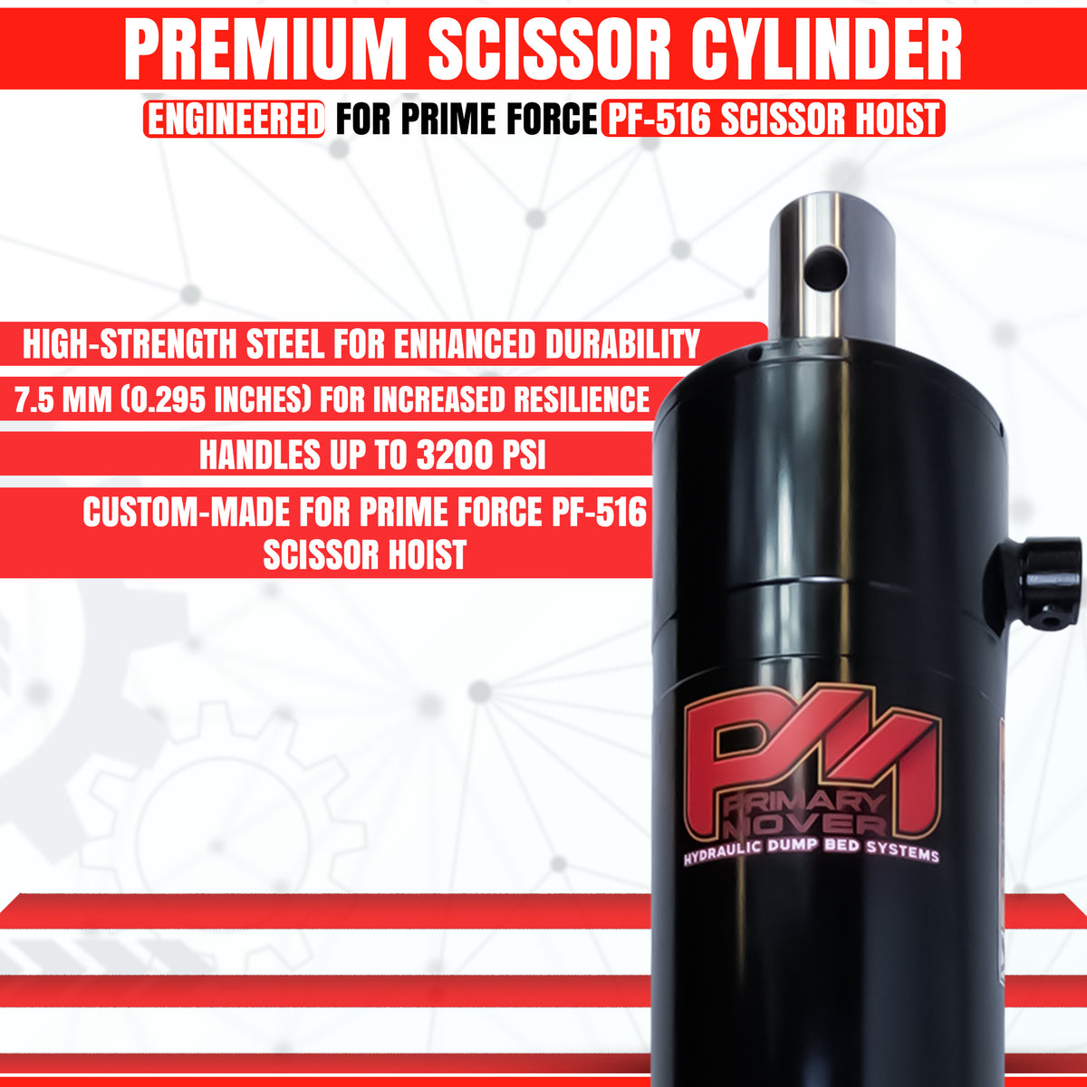 Prime Force 516 Replacement Cylinder: Black cylinder with red text, designed for high lifting capacity and durability in dump bed applications.