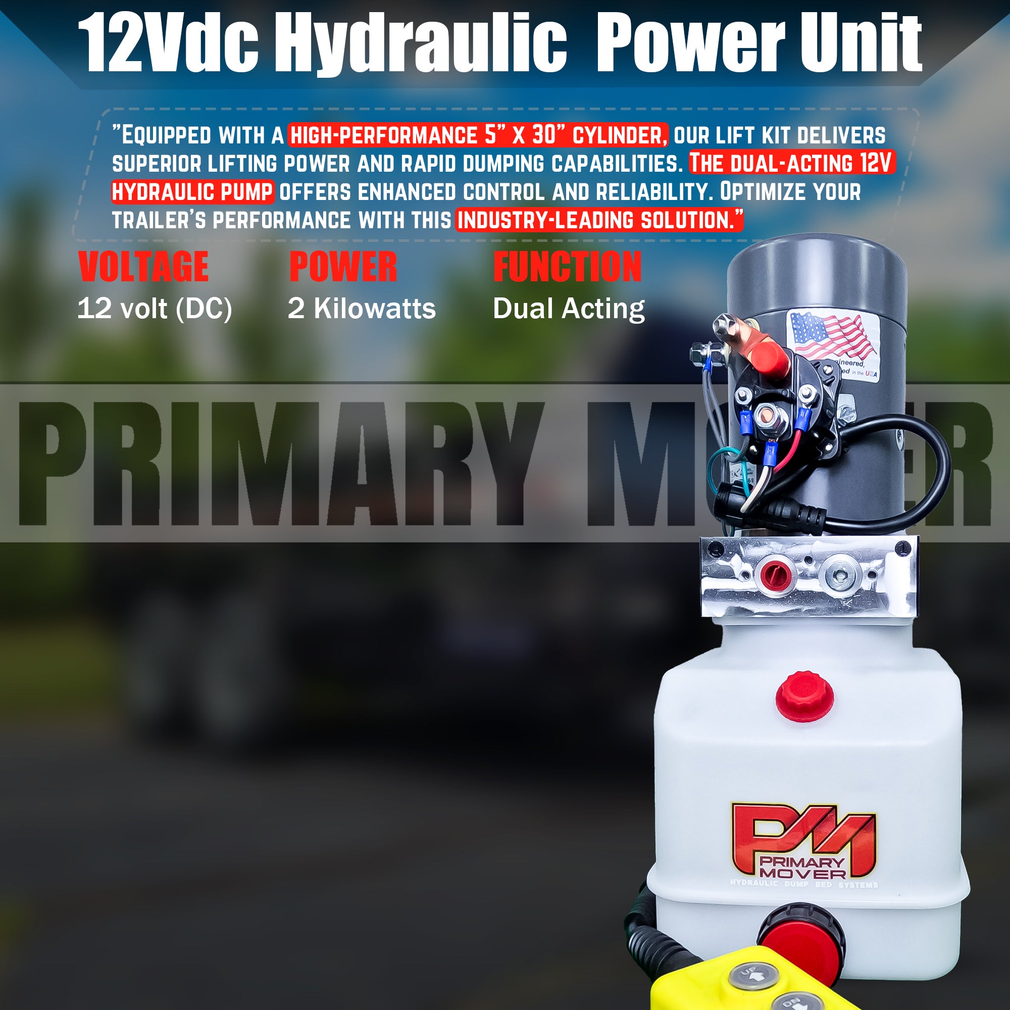 Single 5 x 30 Cylinder Direct Push Lift Kit, featuring a white container with red knobs, wires, and a red button, ideal for trailer lifting.