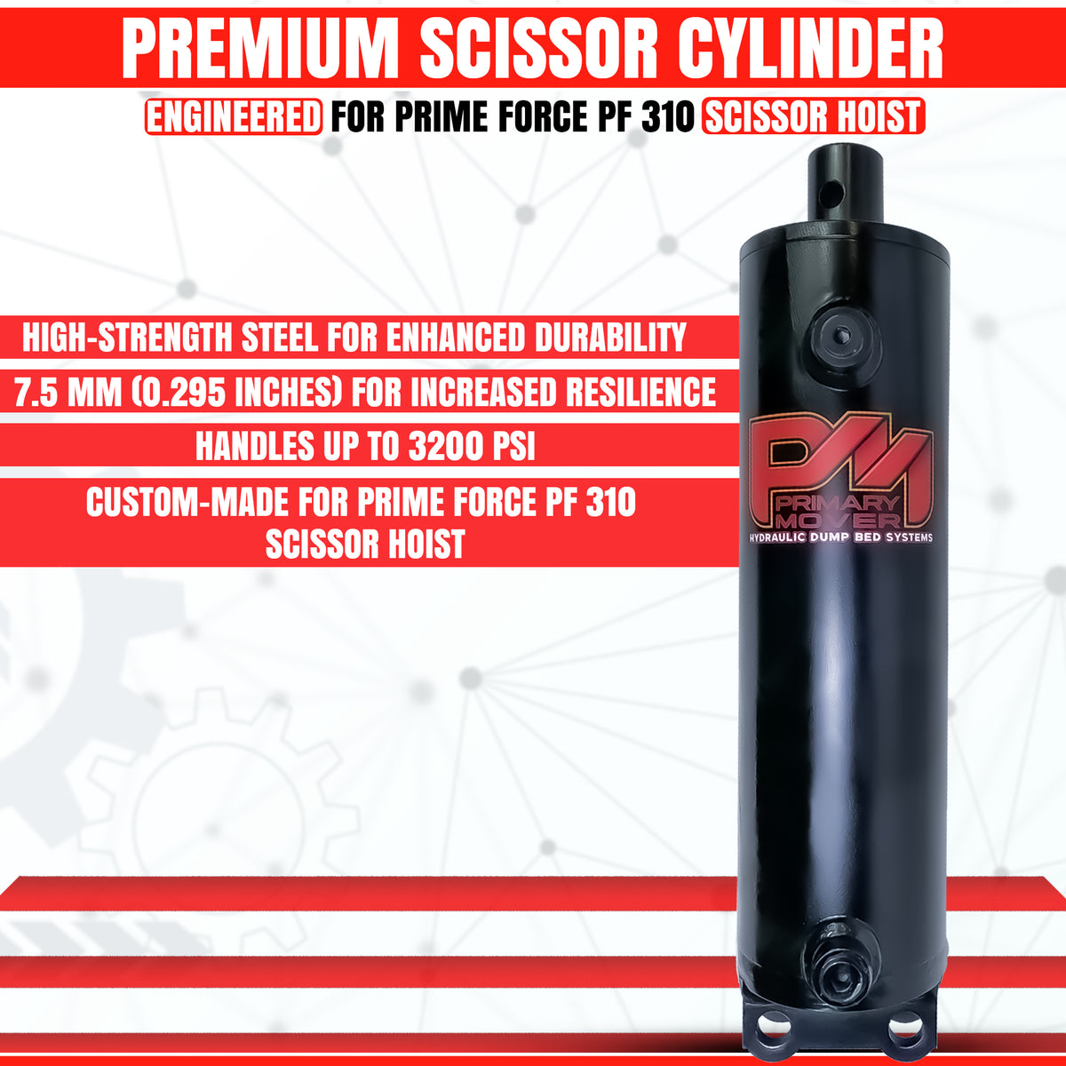 Cylinder PF-310 Dump Bed Cylinder, a black cylinder featuring red text, designed for heavy-duty performance and reliability in dump bed kits.