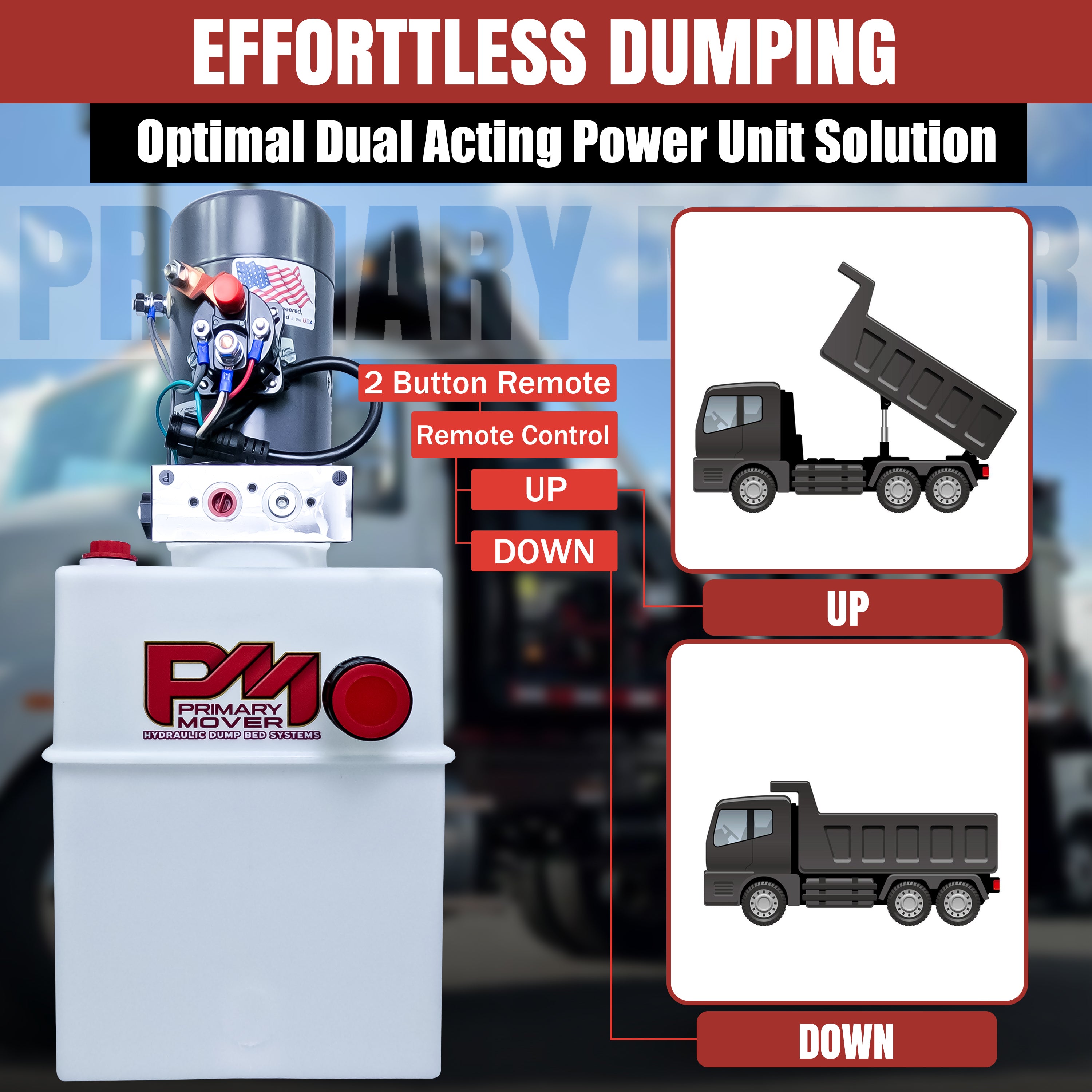 KTI 12V Single-Acting Hydraulic Pump - Poly Reservoir, shown with a compact design, optimized for hydraulic dump bed systems, featuring durable construction and easy installation.