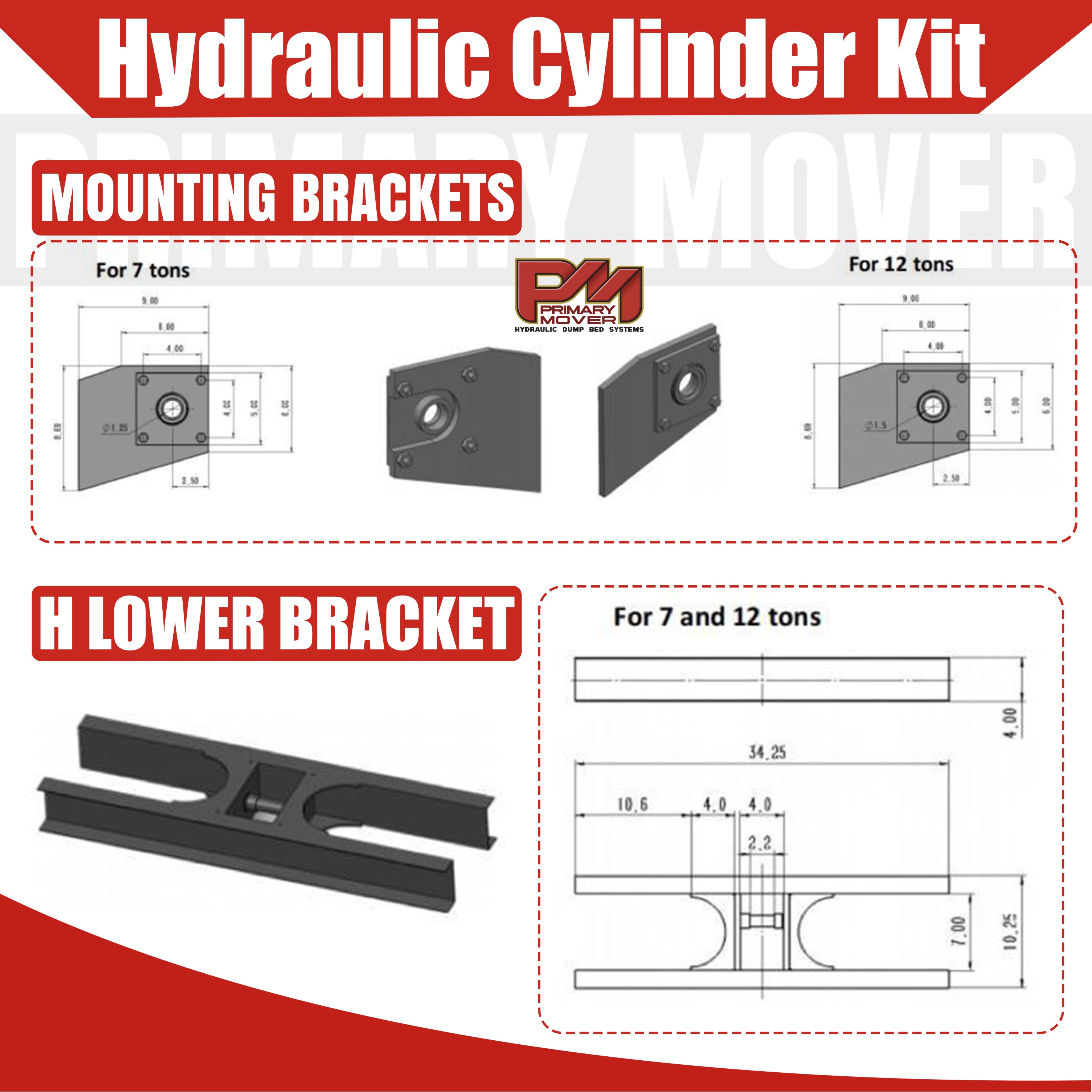 Diagram of the Telescopic Dump Trailer Cylinder Kit for 12-16' dump bodies, featuring a 120 stroke and a 30-ton capacity, with included components.